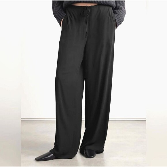 Theory Pants - Theory Wide Leg Crepe Drawstring Pants Womens Small Black Lightweight Lined NWOT